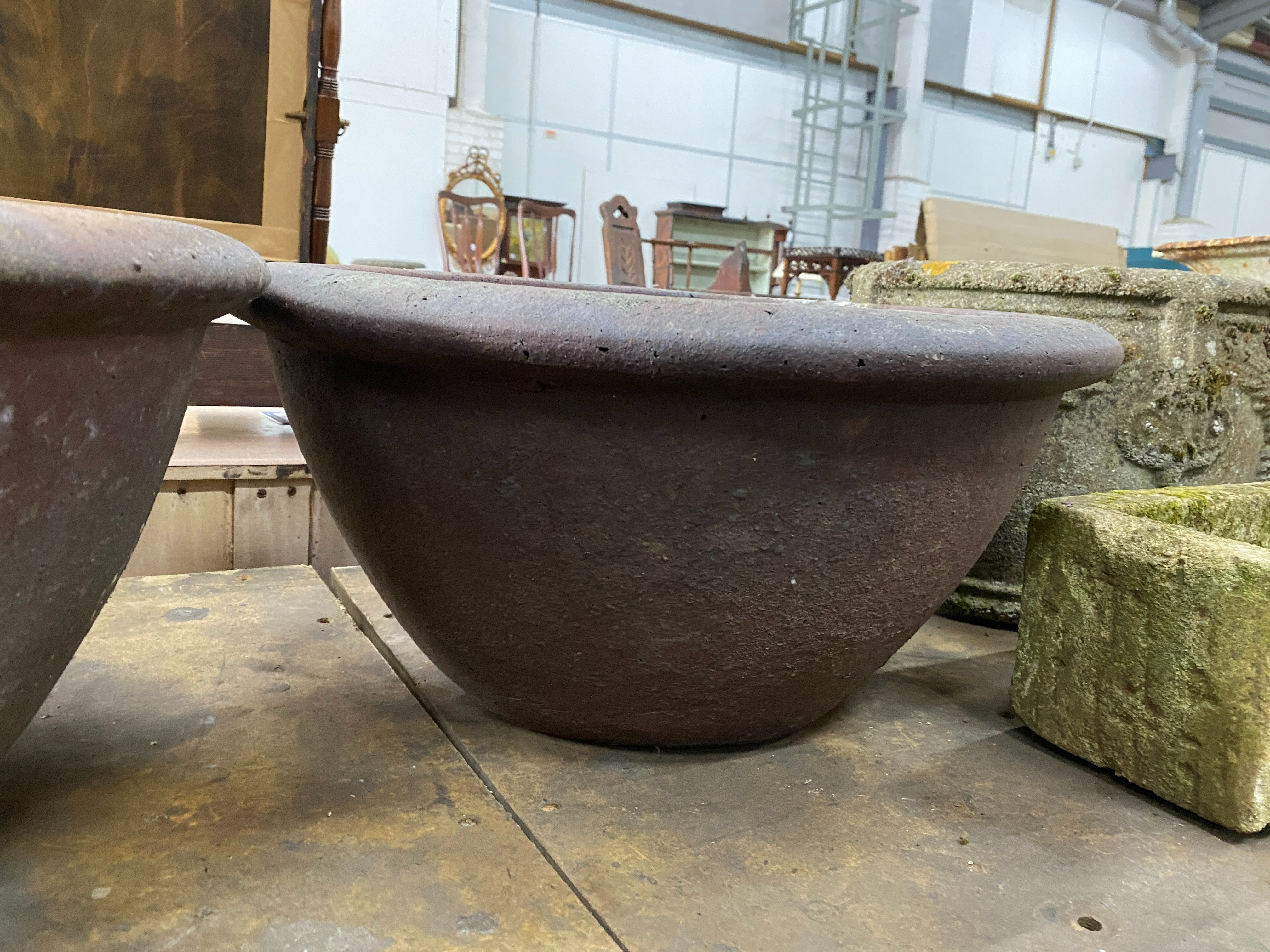 A near pair of circular terracotta garden planters, larger 55 cm Dia, H 27 cm